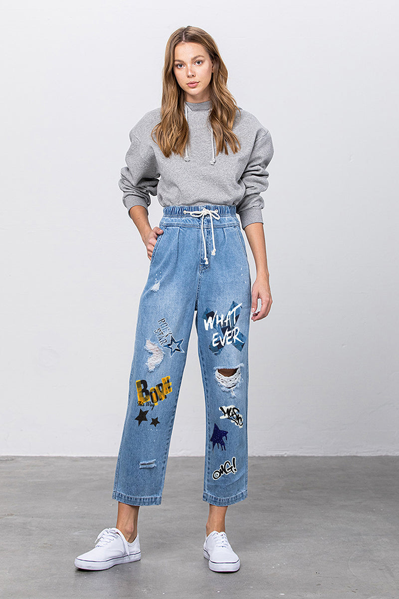 Elastic Banded Slouch Jeans With Print