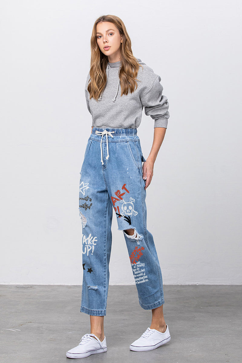 Elastic Banded Slouch Jeans With Print