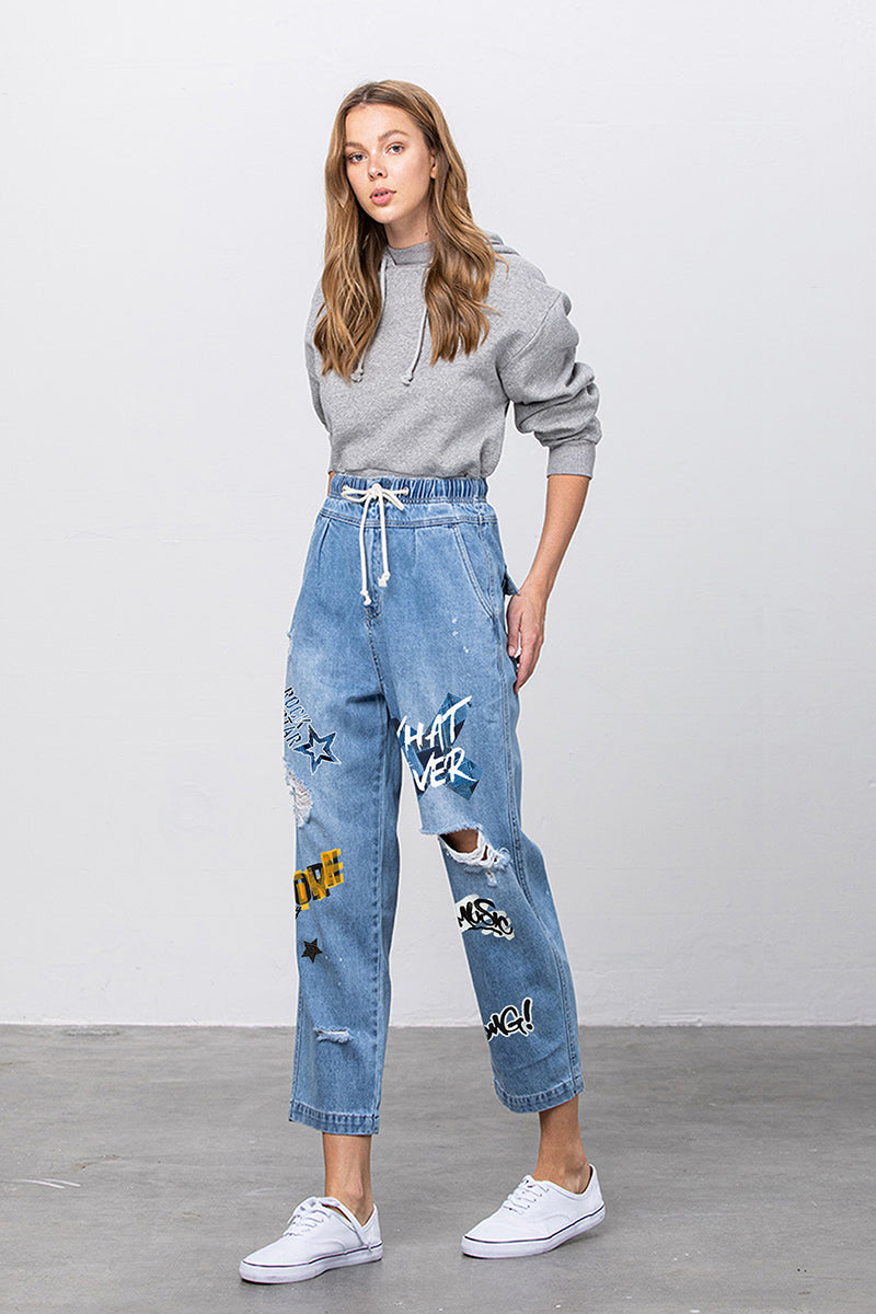 Elastic Banded Slouch Jeans With Print