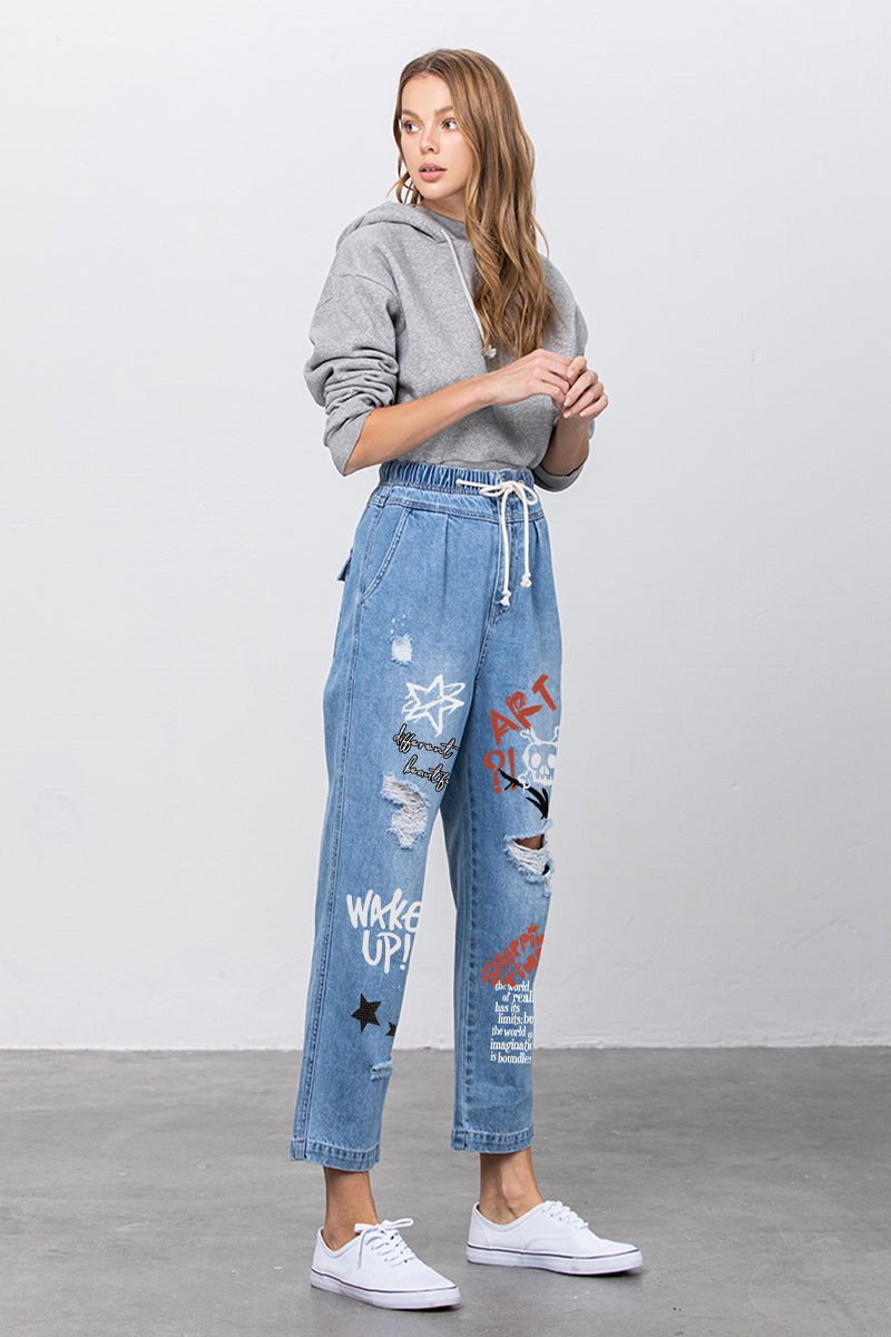 Elastic Banded Slouch Jeans With Print