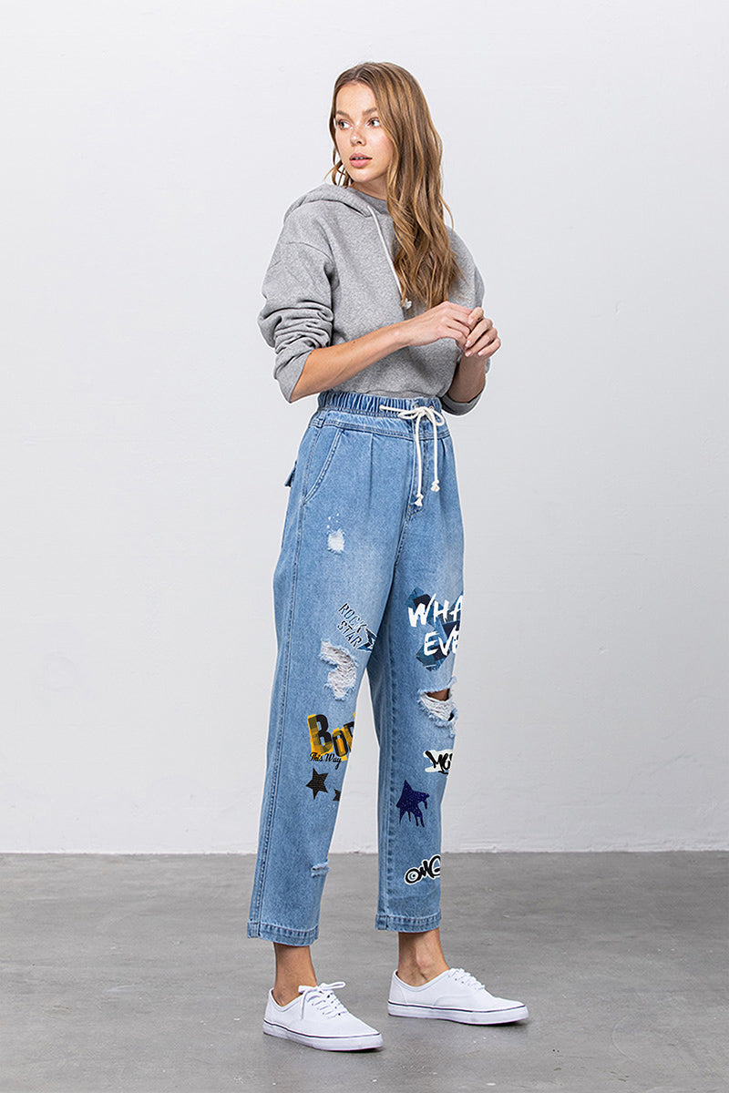 Elastic Banded Slouch Jeans With Print