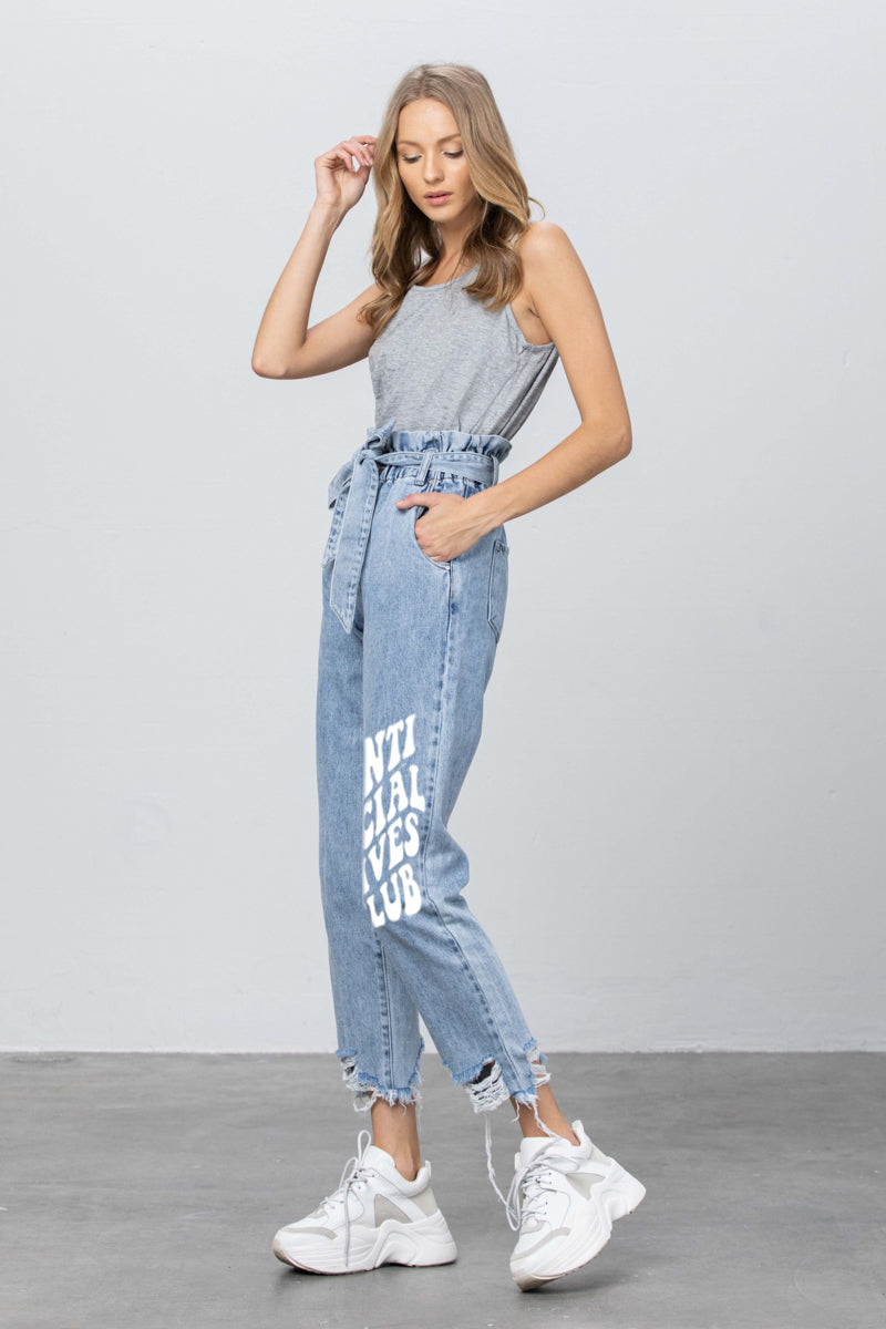 One of Kind Paper Bag Slouch Jeans With Print